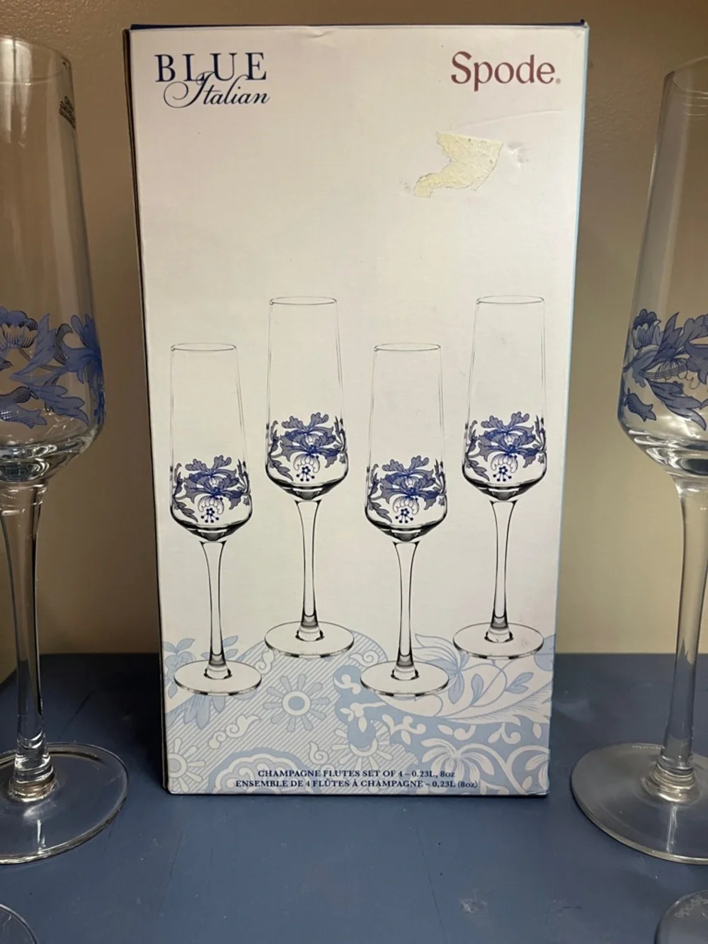 Spode Blue Floral Champagne Flutes - Blue Pattern Set of 4